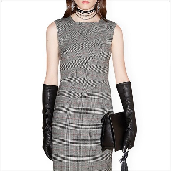 Paule Ka Paris Wool Checked Plaid Sheath Stretch Fitted Sleeveless Dress New 38 - Picture 1 of 6